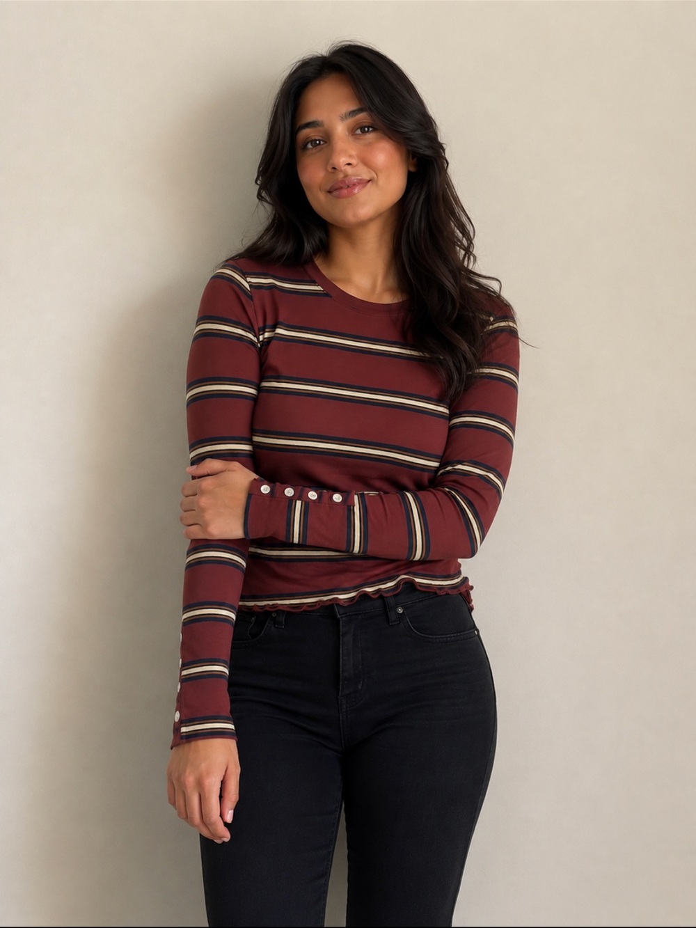 J. Crew Burgundy Striped Long-Sleeve Crewneck Top